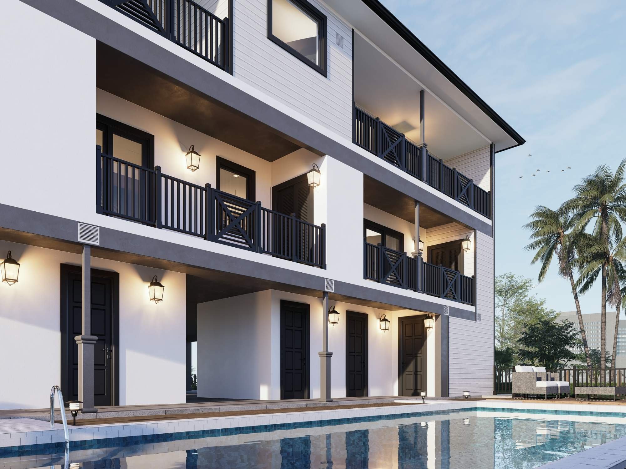Three-story coastal home with covered balconies, dark railings, and a backyard swimming pool in Southwest Florida.