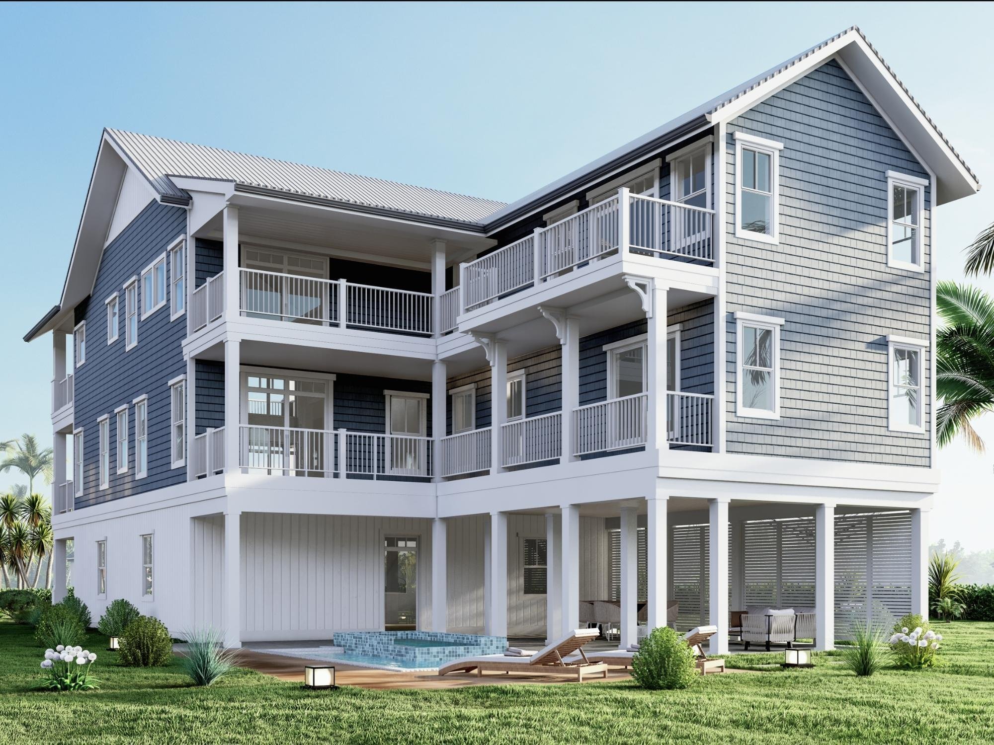 Coastal-style multilevel home with blue siding, white balconies, covered patios, and a backyard pool in Fort Myers, FL.